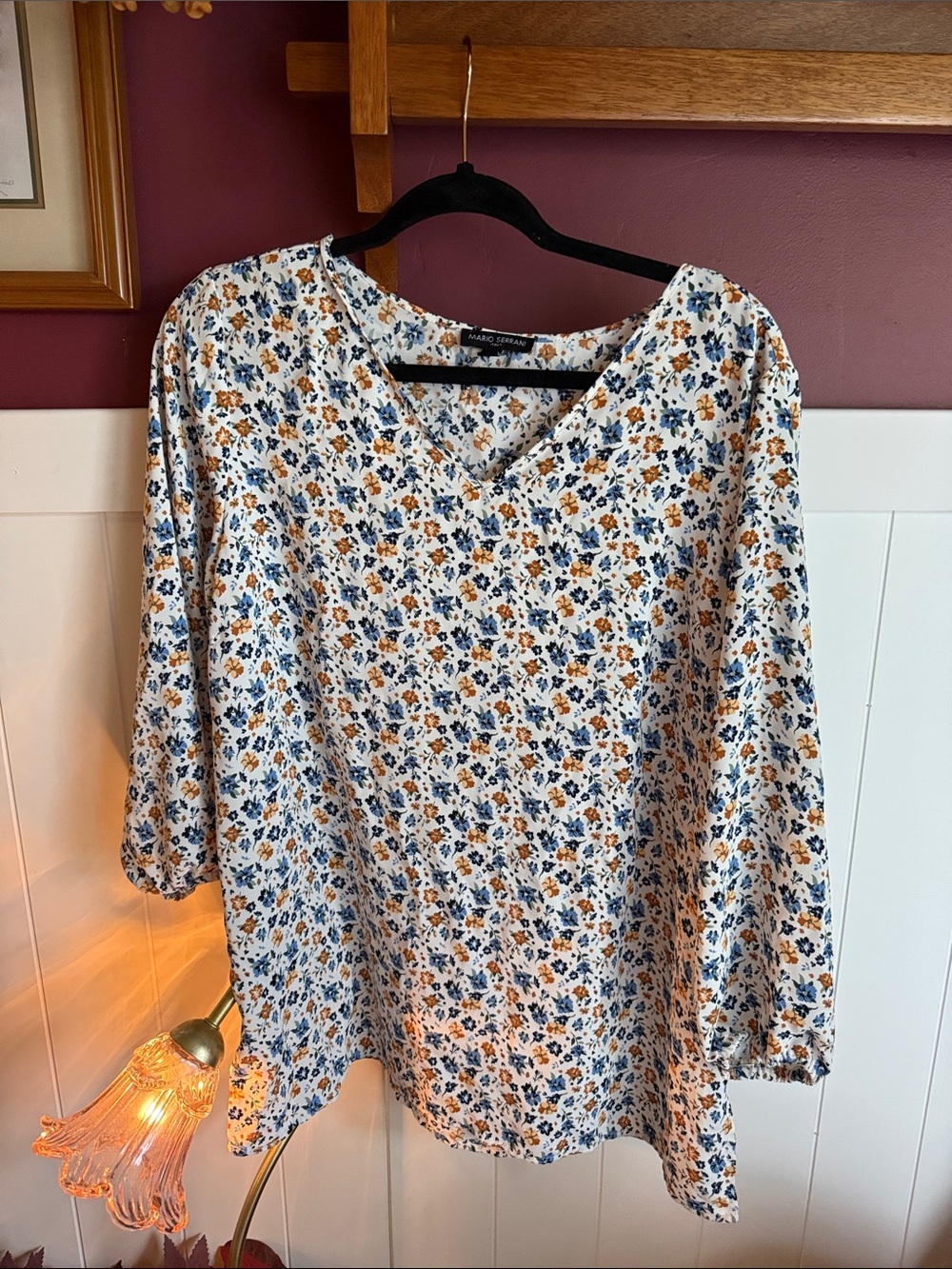 Mario Serrani White V-Neck Floral Blouse with Blue and Tan Flowers